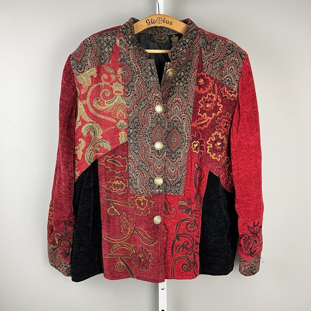 VTG Julia Kim Tapestry Jacket Womens XL Red Gold Ornate‎ Artsy Floral Chenille